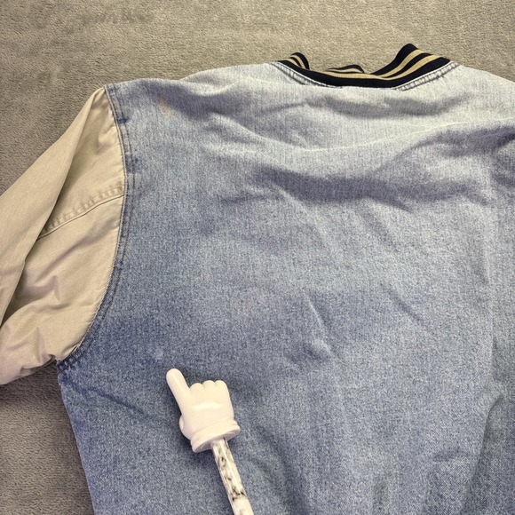 Vintage 90s Denim Varsity Bomber Jacket Large Tan Sleeves Quilt Lined Stone Wash - Picture 7 of 10